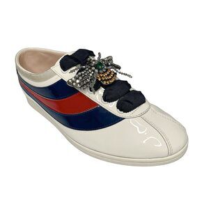 Gucci Falacer Patent Leather Sneakers 38 White Red Blue Bee Crystal Low Top